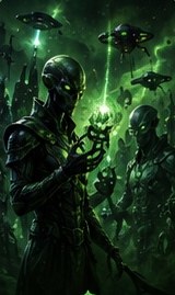 Collector aliens studying a glowing green specimen