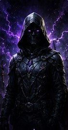 Hooded Double Agent figure lit by purple lightning
