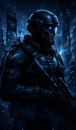 Armored HRT-47 soldier in blue-lit tactical gear