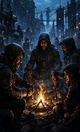 Remnant survivors gathered around a fire in the ruins
