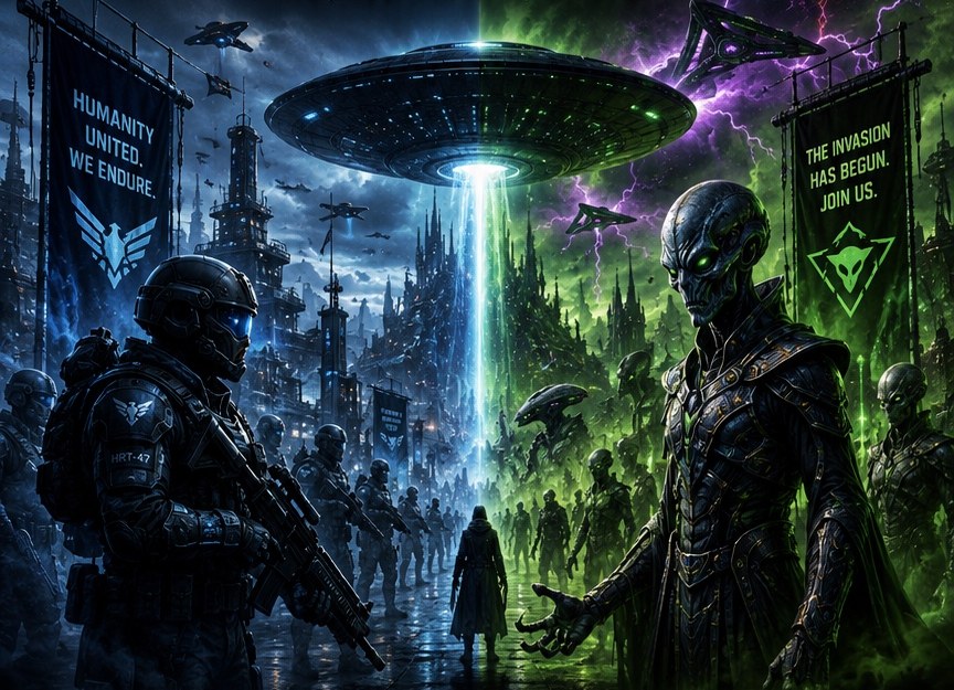 The Human Resistance and the Alien Invasion face off beneath the mothership's tractor beam