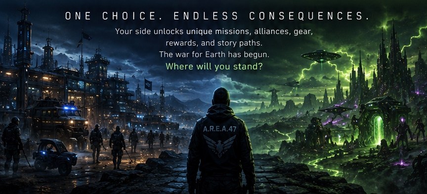 One choice. Endless consequences. Your side unlocks unique missions, alliances, gear, rewards, and story paths. The war for Earth has begun. Where will you stand?