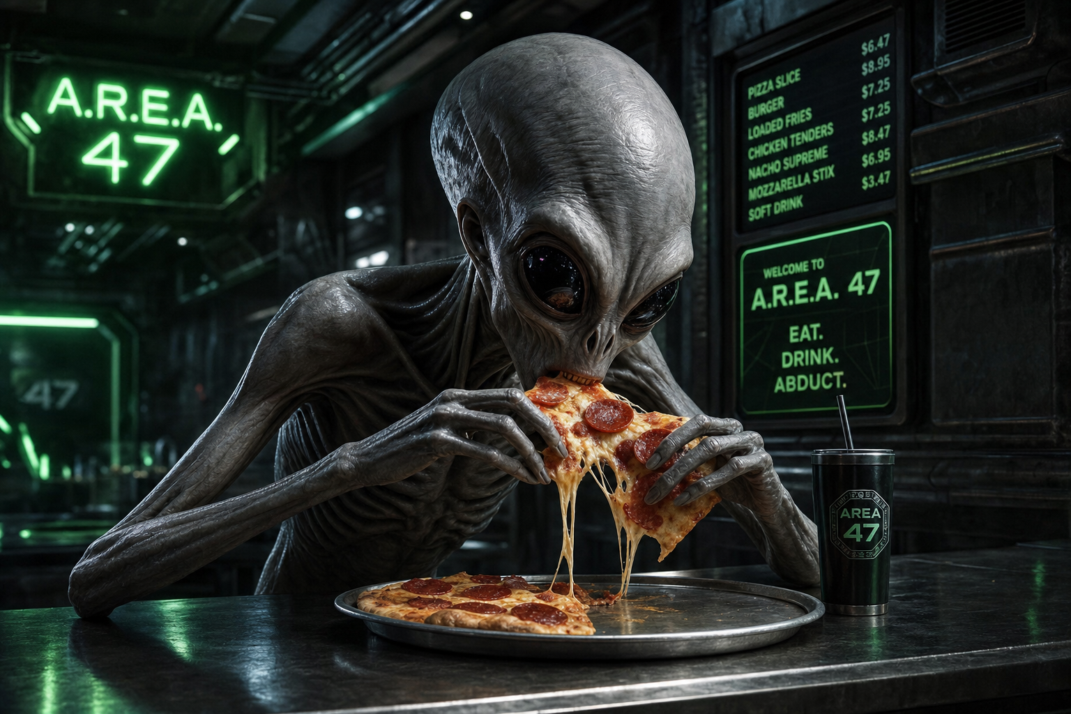 Grey alien eating pizza in a dark UFO-themed food court with green neon lighting