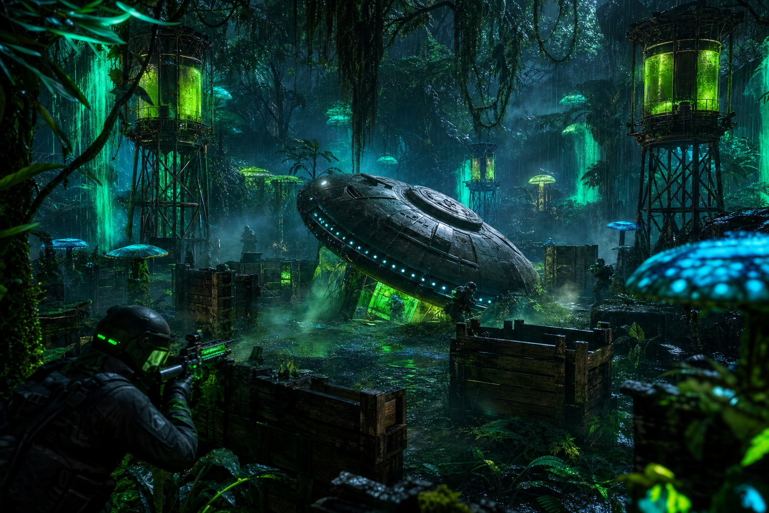Alien rainforest Gellyball battle arena with bioluminescent plants and a crashed UFO