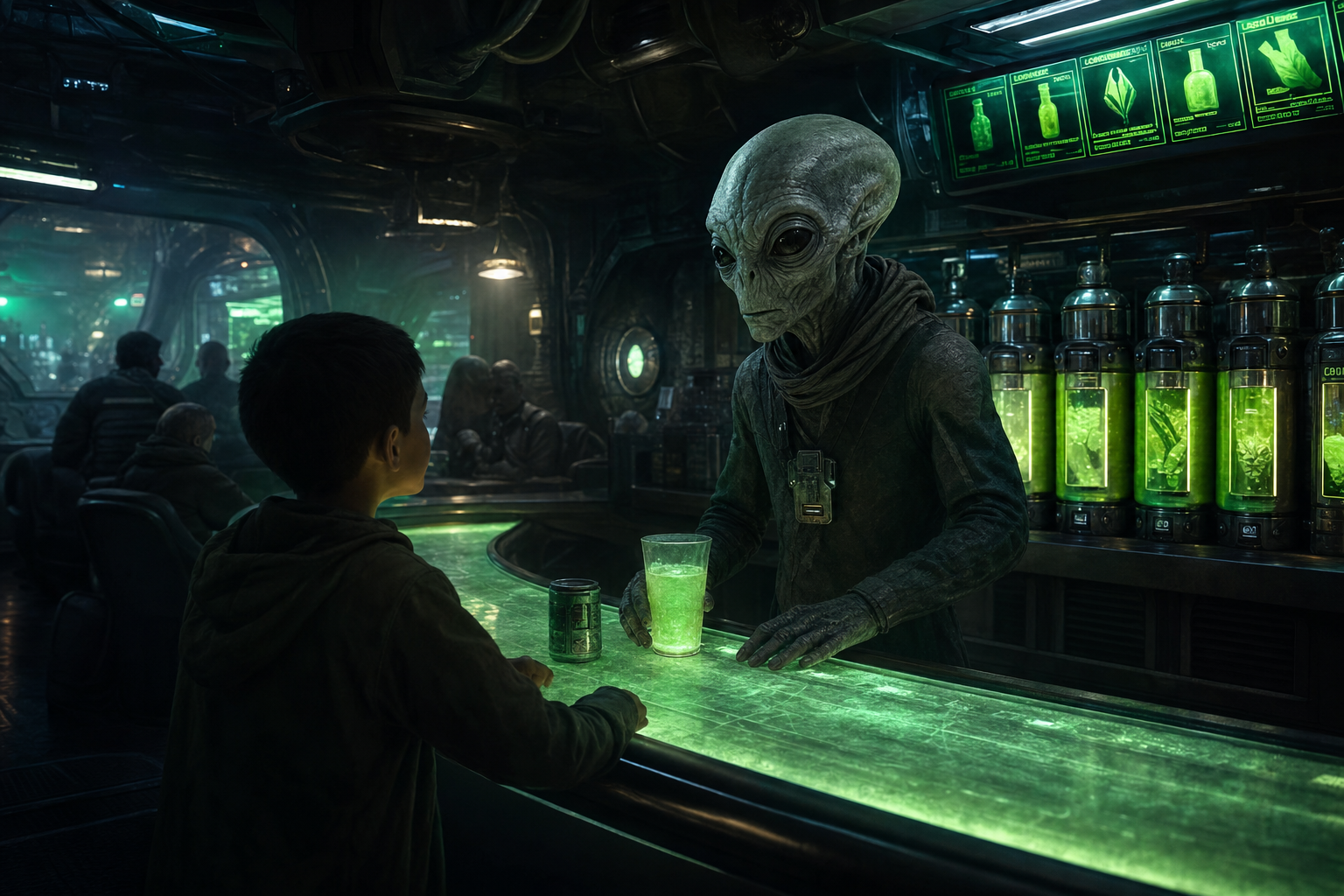 Grey alien serving glowing green drinks in a dark sci-fi all-ages lounge