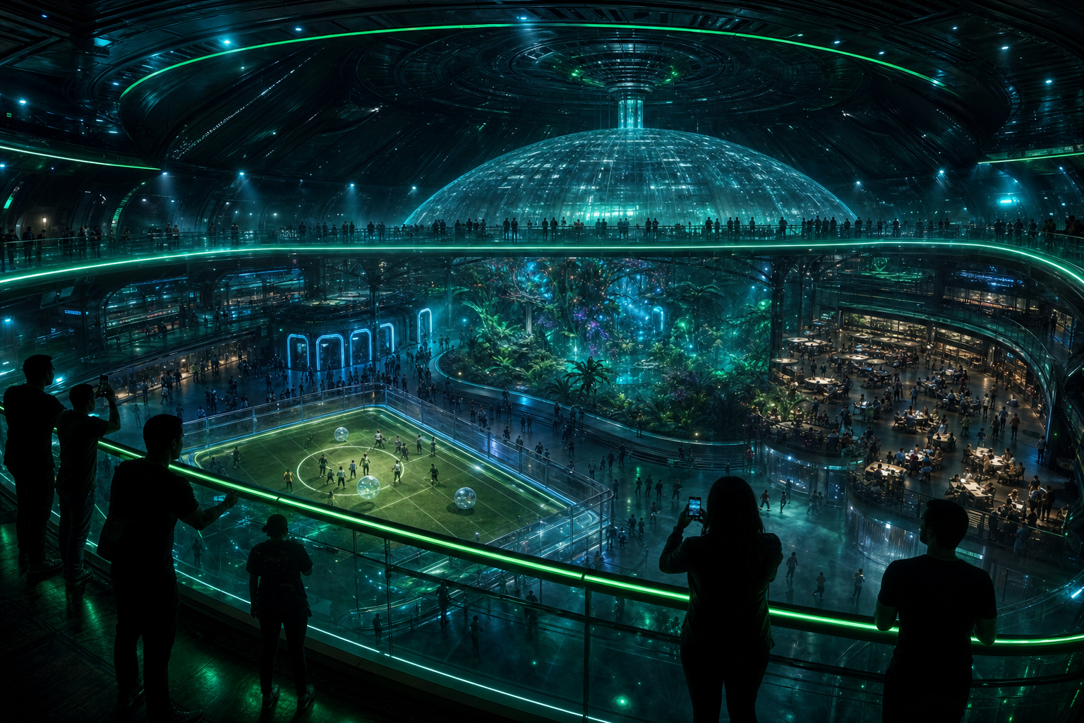 Second-floor mezzanine overlooking the arena floor inside the UFO mothership
