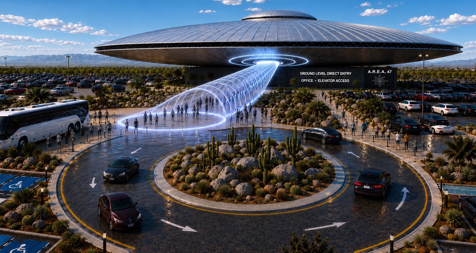 Phase 4 concept: full-scale UFO venue with glowing tractor-beam entrance in daylight