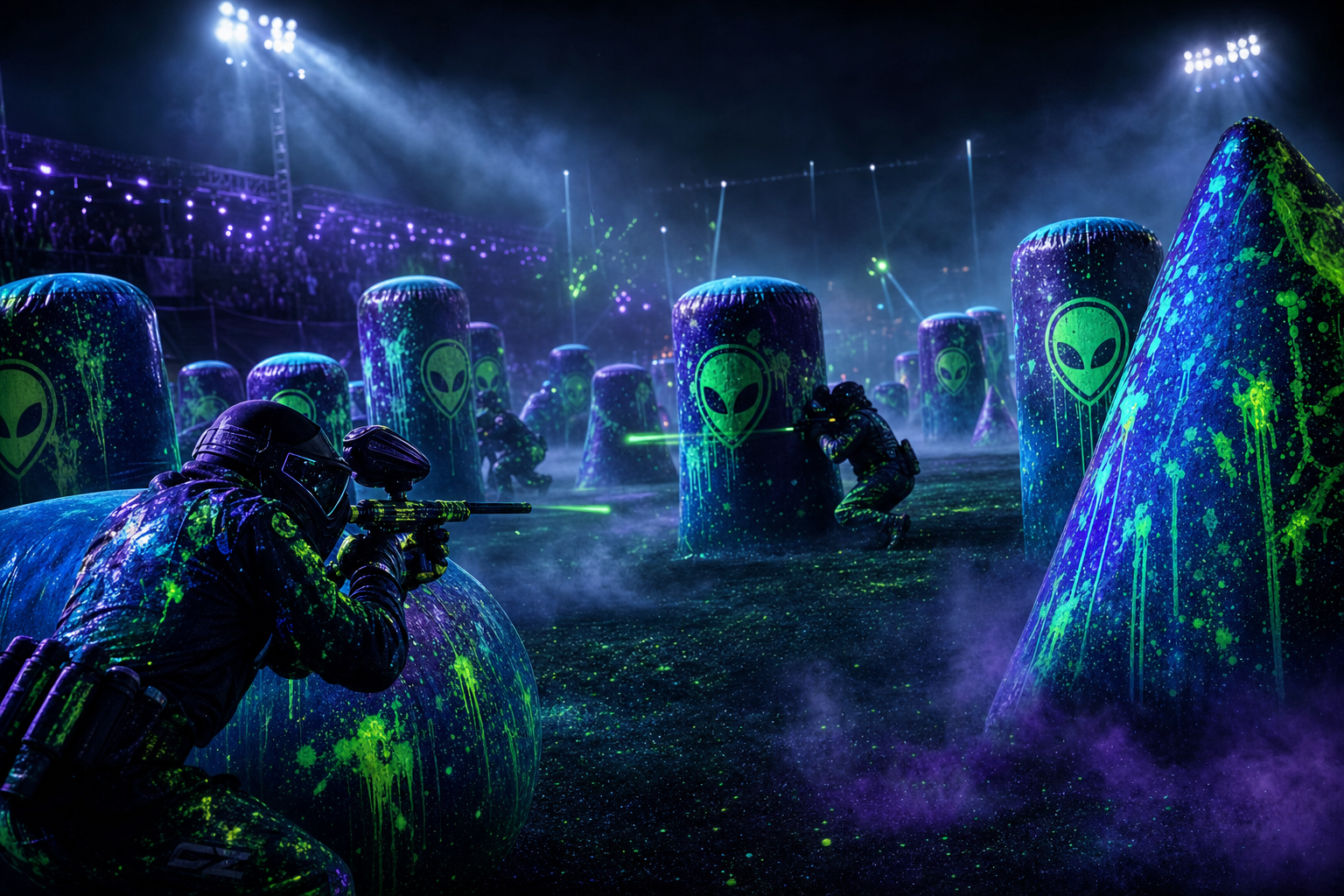 Glow-in-the-dark speedball paintball field under UV lights