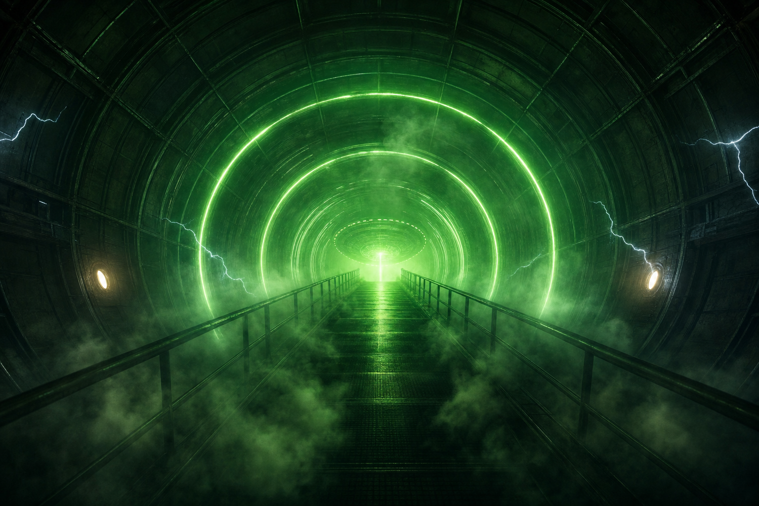 Slow-rising ramp inside a green laser tractor-beam tunnel filled with fog