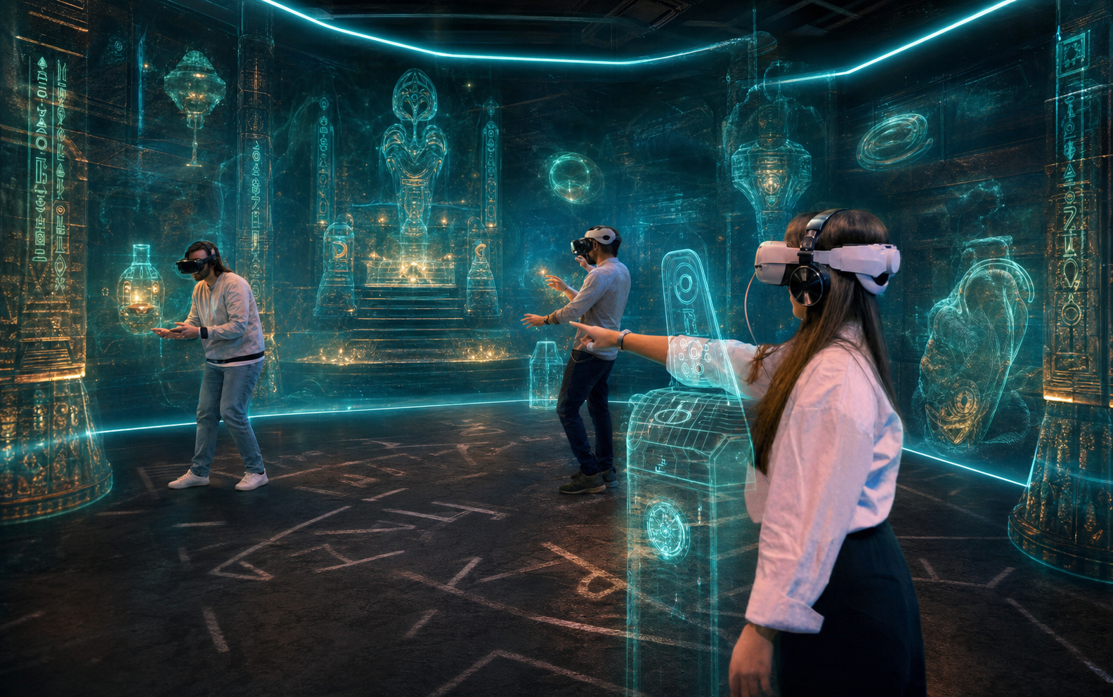 vrCAVE VR escape room with players interacting with a translucent alien temple hologram