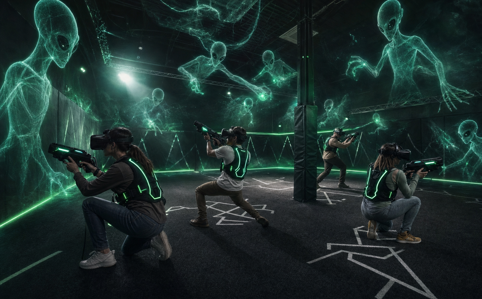 Free-roam VR arena with players fighting translucent holographic Grey aliens